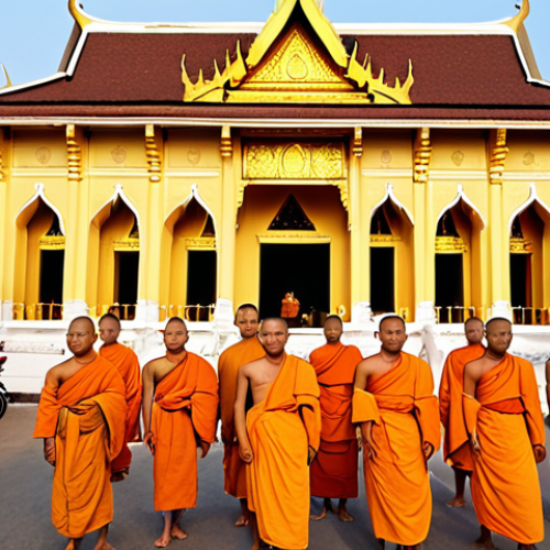 **Urban Laos Blend:** A vibrant scene depicting the coexistence of ancient tradition and modern life in Laos. Feature golden Buddhist temples (like Pha That Luang or Wat Si Muang) standing near modern cafes and French colonial architecture in Vientiane or Luang Prabang. Include elements of a bustling night market by the Mekong River, with local street food and souvenirs, and possibly a glimpse of monks during the alms-giving ceremony at dawn, symbolizing the spiritual morning. The overall atmosphere should be one of peaceful yet energetic cultural fusion.