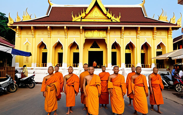 **Urban Laos Blend:** A vibrant scene depicting the coexistence of ancient tradition and modern life in Laos. Feature golden Buddhist temples (like Pha That Luang or Wat Si Muang) standing near modern cafes and French colonial architecture in Vientiane or Luang Prabang. Include elements of a bustling night market by the Mekong River, with local street food and souvenirs, and possibly a glimpse of monks during the alms-giving ceremony at dawn, symbolizing the spiritual morning. The overall atmosphere should be one of peaceful yet energetic cultural fusion.