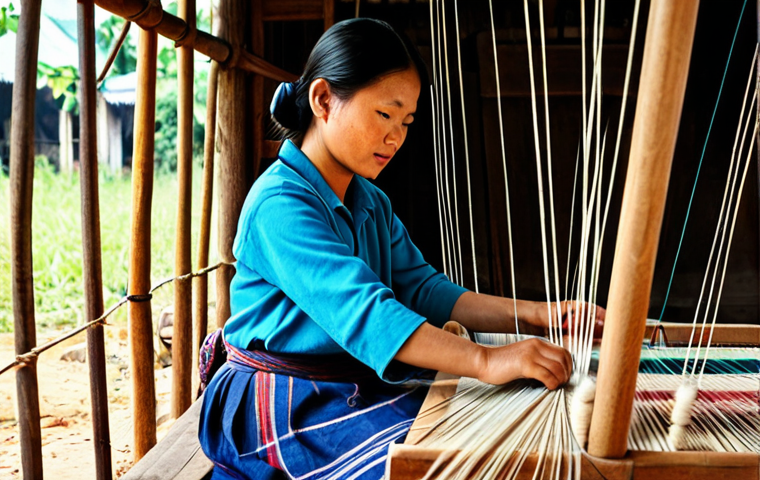 **Prompt 1: Laotian Textile Weaver**
    A focused portrait of a professional Laotian female artisan, fully clothed in modest, traditional attire, meticulously weaving vibrant silk and cotton threads on a traditional wooden loom. Her hands are precisely working the intricate geometric patterns, with soft natural light illuminating the delicate craftsmanship. The background shows a traditional, simple workshop setting, surrounded by colorful spools of yarn and partially finished textiles, conveying dedication and cultural preservation. perfect anatomy, correct proportions, natural pose, well-formed hands, proper finger count, natural body proportions, professional photography, high detail, sharp focus, safe for work, appropriate content, fully clothed, modest, family-friendly.