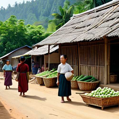 **

A Lao village scene showcasing daily life, featuring villagers using bamboo items. Focus on a woman selling vegetables in a market with bamboo baskets.  In the background, show houses constructed partly of bamboo.  Everyone is fully clothed in modest, traditional Lao attire.  Emphasize the natural beauty of the landscape.  Perfect anatomy, correct proportions, natural pose, well-formed hands, proper finger count, natural body proportions.  Safe for work, appropriate content, fully clothed, family-friendly, professional photography, high quality.

**