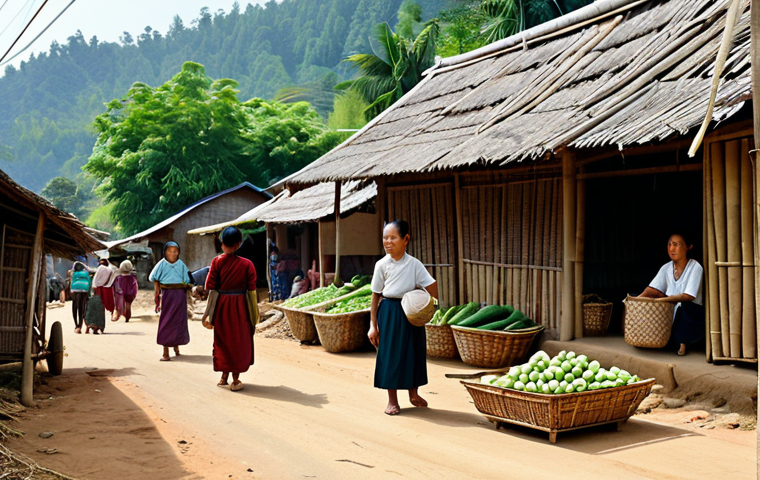 **

A Lao village scene showcasing daily life, featuring villagers using bamboo items. Focus on a woman selling vegetables in a market with bamboo baskets.  In the background, show houses constructed partly of bamboo.  Everyone is fully clothed in modest, traditional Lao attire.  Emphasize the natural beauty of the landscape.  Perfect anatomy, correct proportions, natural pose, well-formed hands, proper finger count, natural body proportions.  Safe for work, appropriate content, fully clothed, family-friendly, professional photography, high quality.

**