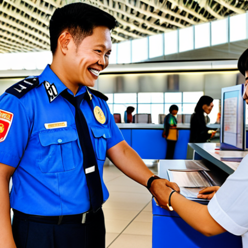 **

A fully clothed tourist in appropriate attire, smiling and handing over a passport to a friendly Lao immigration officer at an airport immigration booth, professional setting, safe for work, perfect anatomy, natural pose, bright lighting, family-friendly.

**