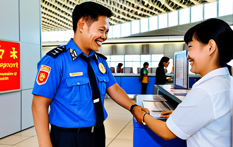 **

A fully clothed tourist in appropriate attire, smiling and handing over a passport to a friendly Lao immigration officer at an airport immigration booth, professional setting, safe for work, perfect anatomy, natural pose, bright lighting, family-friendly.

**
