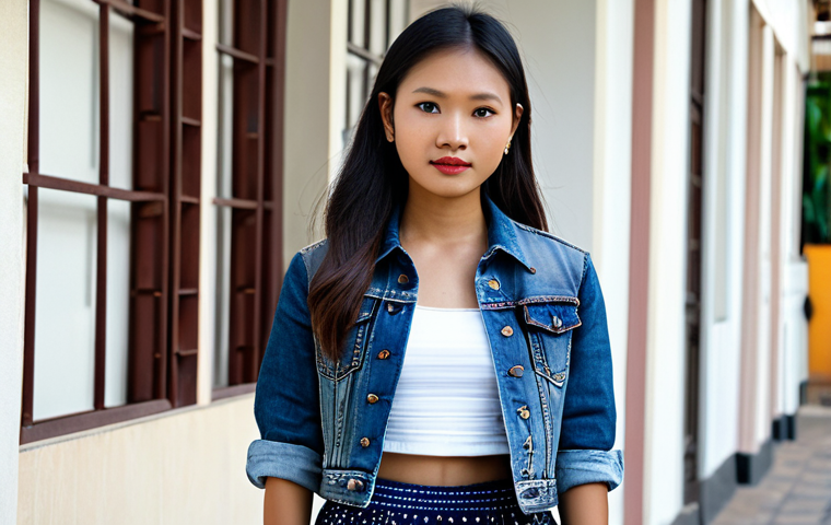 라오스와 서양 문화 융합 - Fashion Fusion**

A young Laotian woman in Vientiane, wearing a traditional silk skirt paired with a...