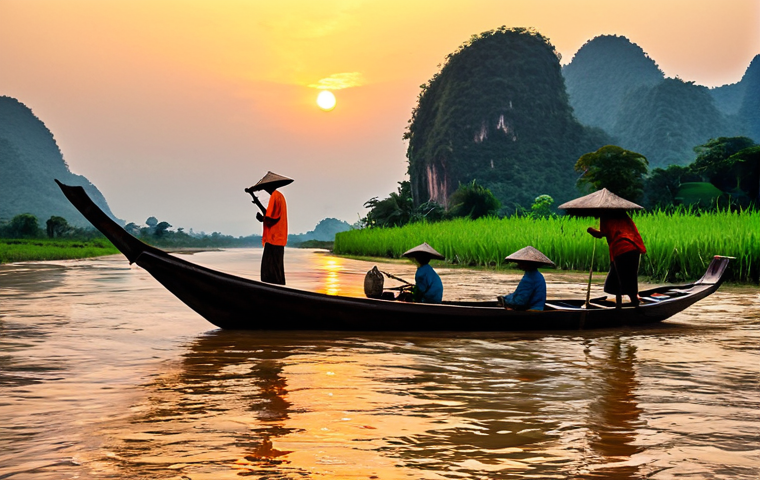 라오스 메콩강 크루즈 비교 - **
"Scenic Mekong River sunset cruise in Laos, featuring traditional longtail boats, vibrant orange...