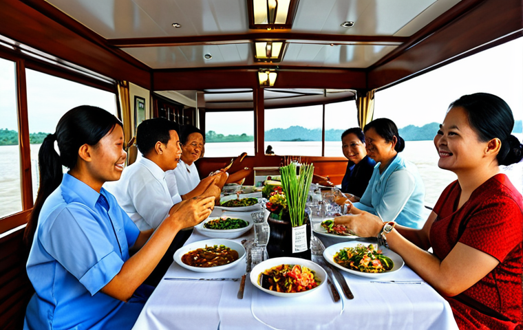 라오스 메콩강 크루즈 비교 - **

"Professional cultural performance on a Mekong River cruise, Laos, showing fully clothed dancers...