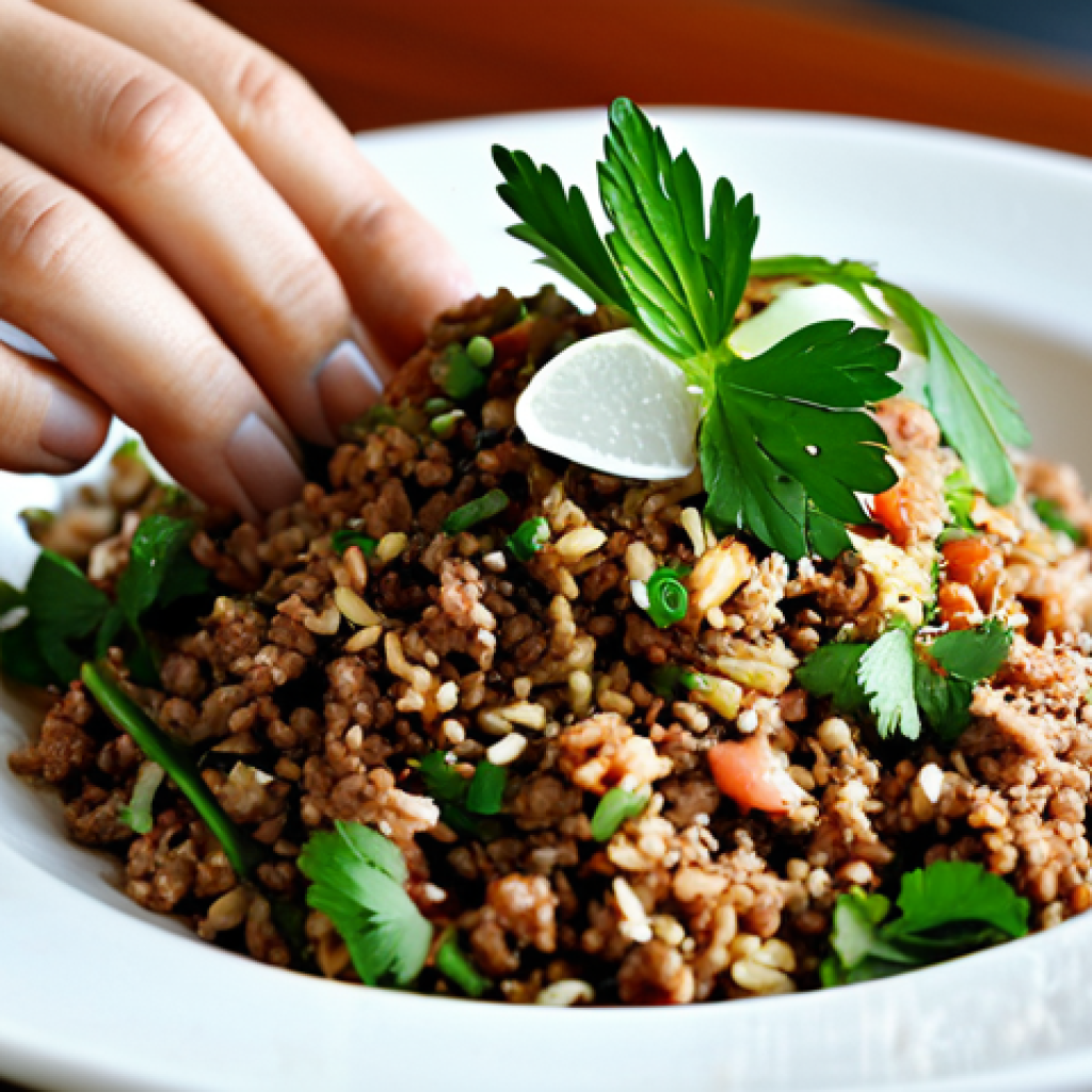 라오스 전통 음식 레시피 - **Larb:** "Close-up shot of a plate of Larb, the Lao national dish, featuring minced meat, toasted r...