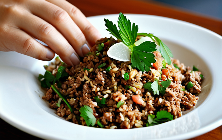 라오스 전통 음식 레시피 - **Larb:** "Close-up shot of a plate of Larb, the Lao national dish, featuring minced meat, toasted r...