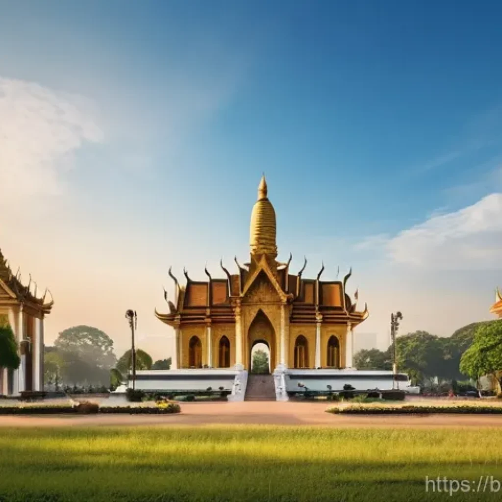 라오스와 프랑스 관계사 - **Prompt:** A vibrant, photorealistic wide-angle shot of the Patuxai Monument in Vientiane, Laos, ba...