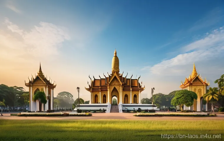 라오스와 프랑스 관계사 - **Prompt:** A vibrant, photorealistic wide-angle shot of the Patuxai Monument in Vientiane, Laos, ba...