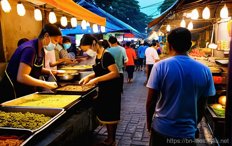 라오스와 태국 음식 비교 - Image Prompt 1: Bustling Thai Night Market Scene**