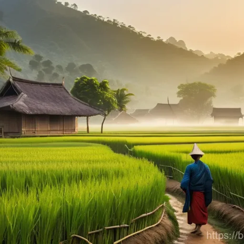 라오스 소박한 마을 생활 - **"Morning Serenity in a Laotian Village"**
A wide shot capturing the peaceful dawn in a traditi...