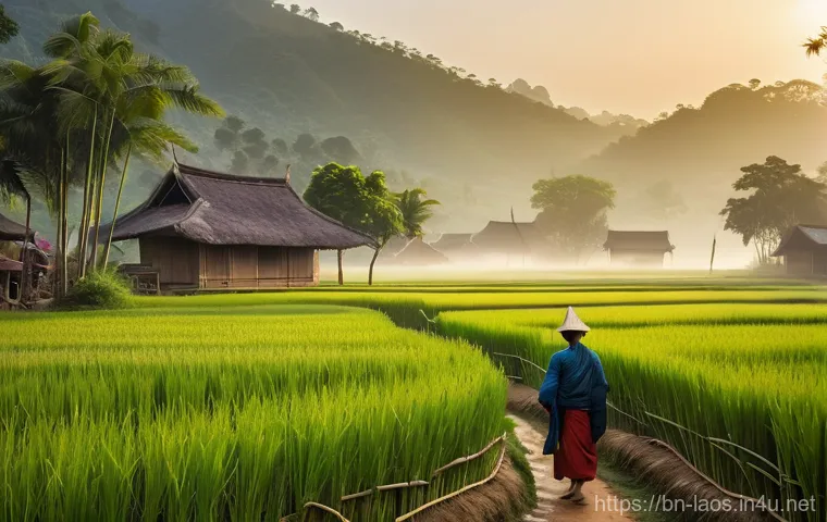 라오스 소박한 마을 생활 - **"Morning Serenity in a Laotian Village"**
    A wide shot capturing the peaceful dawn in a traditi...