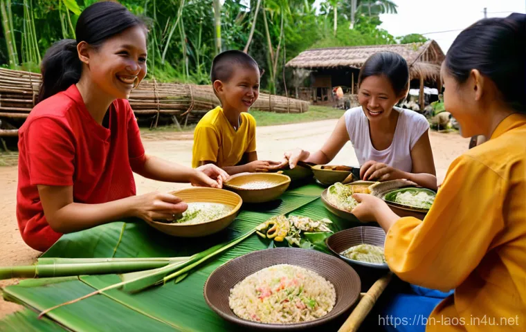라오스 소박한 마을 생활 - **"Artistry and Craftsmanship in a Laotian Community"**
    A warm, interior scene within a communal...