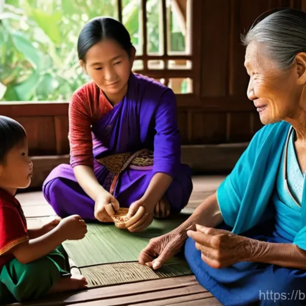 라오스 가족 문화 - A heartwarming depiction of an intergenerational Laotian family gathered in a traditional wooden hom...