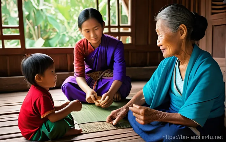 라오스 가족 문화 - A heartwarming depiction of an intergenerational Laotian family gathered in a traditional wooden hom...