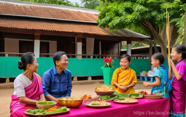 라오스 가족 문화 - A heartwarming depiction of an intergenerational Laotian family gathered in a traditional wooden hom...
