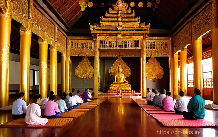 라오스 유명 사원 왓 씨사켓 - **Prompt 2: The Hall of Ten Thousand Buddhas**
    "An immersive interior view of a long, dimly lit ...