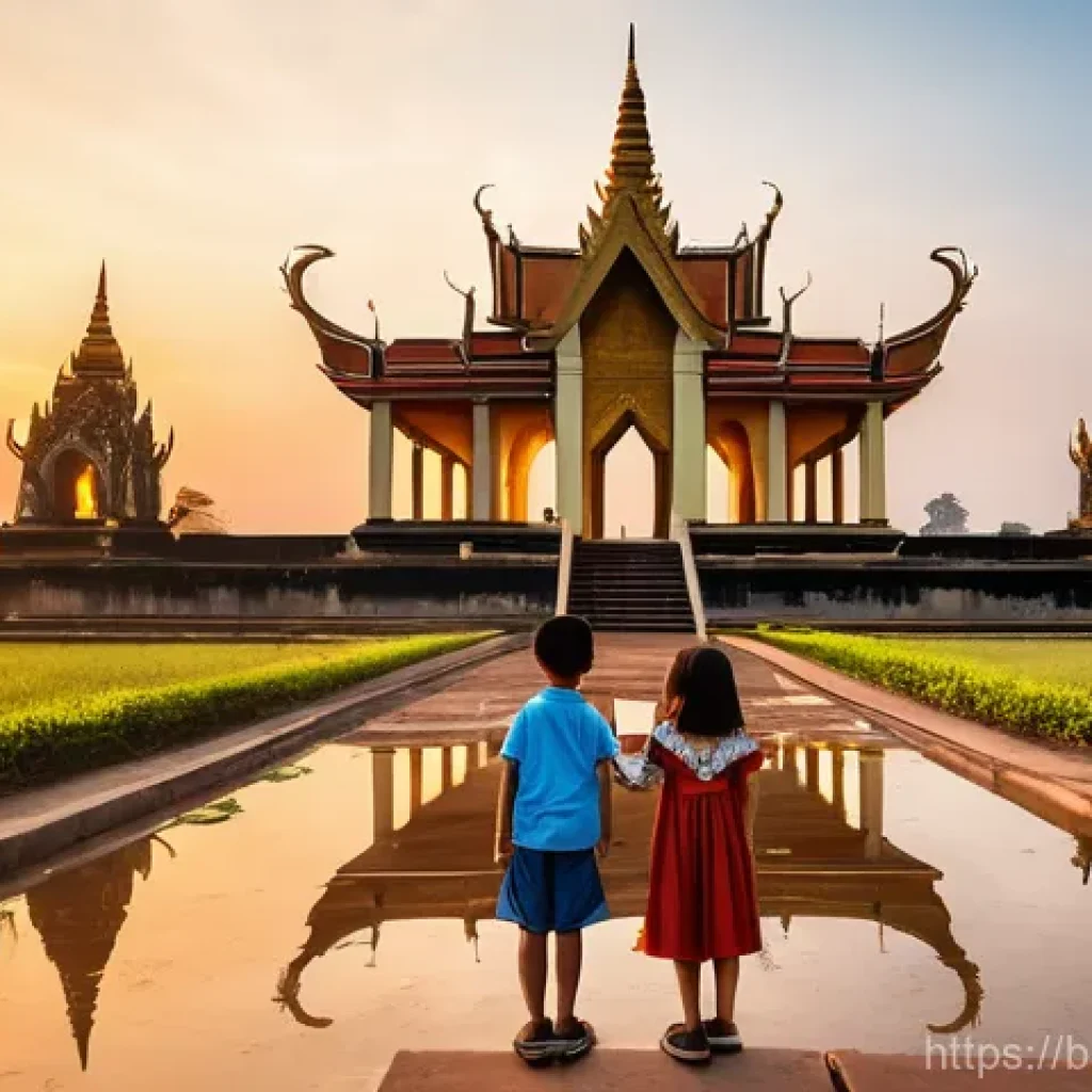 라오스에서의 가족 여행 - **Vientiane's Serene Sunset at Patuxai with a Family:**
    An outdoor, wide-angle shot featuring a ...