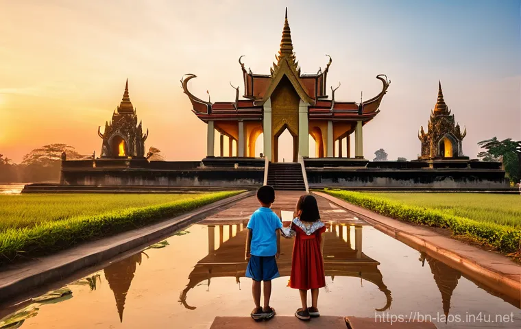 라오스에서의 가족 여행 - **Vientiane's Serene Sunset at Patuxai with a Family:**
    An outdoor, wide-angle shot featuring a ...