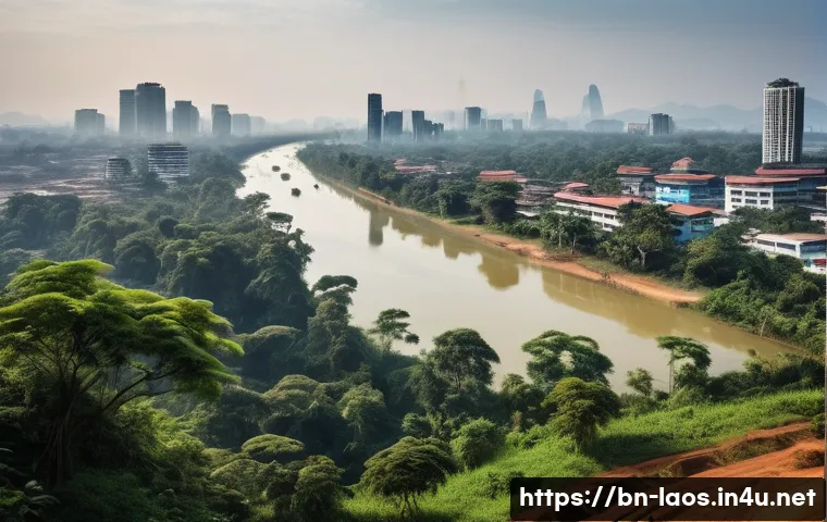 라오스 도시화 문제 - **Prompt 1: "A serene depiction of Laos's vanishing natural beauty clashing with the onset of rapid ...