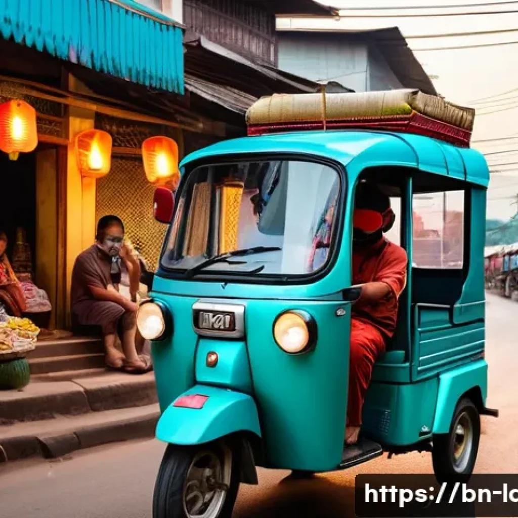 라오스 대중 교통 이용법 - A vibrant street scene in Laos featuring a colorful tuk-tuk with a driver and a passenger wearing ca...