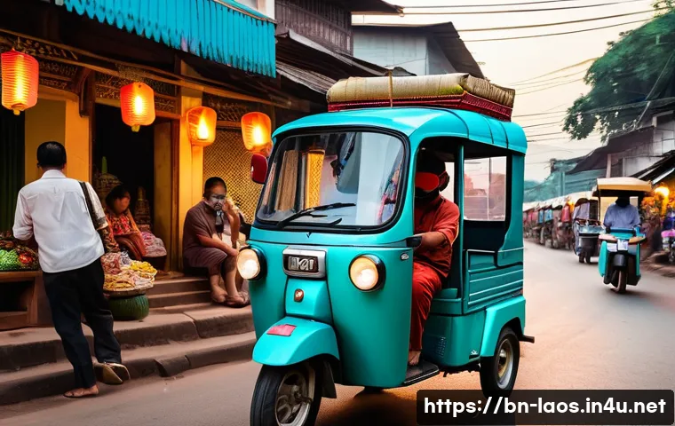 라오스 대중 교통 이용법 - A vibrant street scene in Laos featuring a colorful tuk-tuk with a driver and a passenger wearing ca...