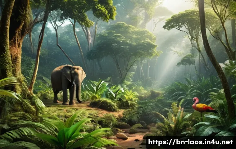 라오스 열대 우림 - A vibrant tropical rainforest scene in Laos showcasing a diverse array of rare and endangered wildli...