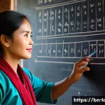 라오스 언어 배우기 - A serene classroom scene in Laos featuring a young Bengali adult woman attentively learning the Lao ...