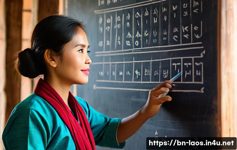 라오스 언어 배우기 - A serene classroom scene in Laos featuring a young Bengali adult woman attentively learning the Lao ...