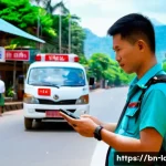 라오스 경찰 신고 방법 - A detailed scene of a foreign traveler in Laos dialing the emergency number "112" on a smartphone, s...