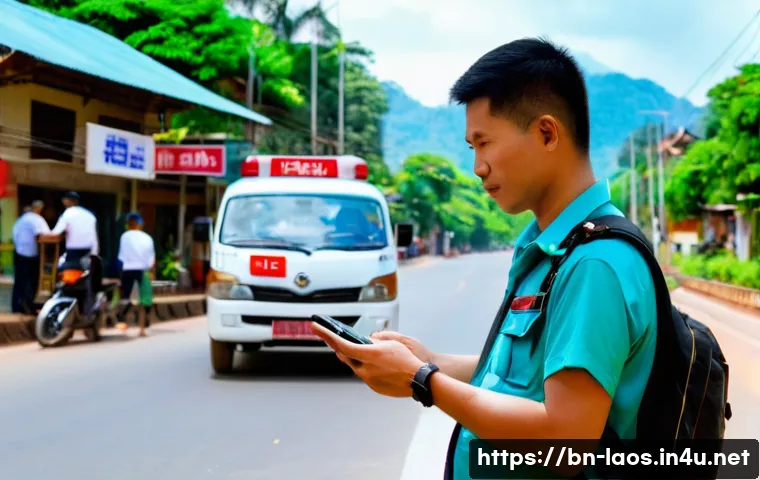 라오스 경찰 신고 방법 - A detailed scene of a foreign traveler in Laos dialing the emergency number "112" on a smartphone, s...