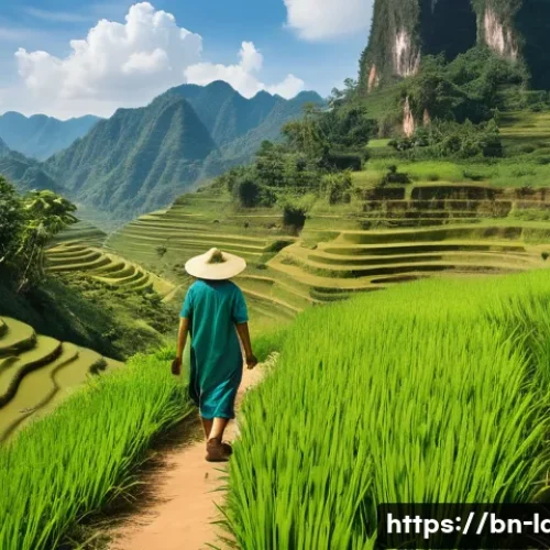 라오스 기후와 여행 시기 - A vibrant summer scene in the mountainous regions of Laos, showcasing lush green hills and blooming ...