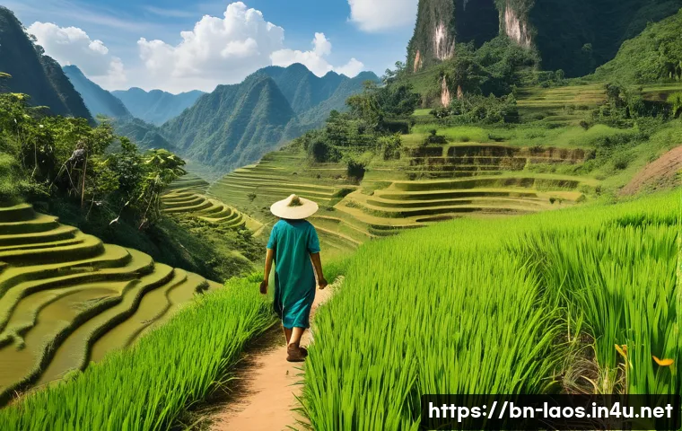 라오스 기후와 여행 시기 - A vibrant summer scene in the mountainous regions of Laos, showcasing lush green hills and blooming ...