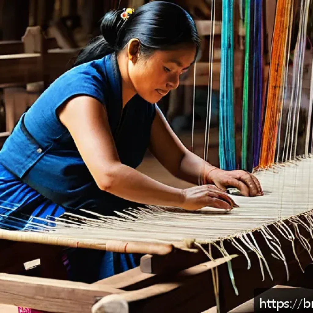 라오스 전통 공예품 - A detailed scene of traditional Laotian artisans weaving intricate silk and cotton textiles using an...