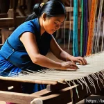 라오스 전통 공예품 - A detailed scene of traditional Laotian artisans weaving intricate silk and cotton textiles using an...