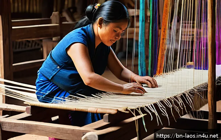 라오스 전통 공예품 - A detailed scene of traditional Laotian artisans weaving intricate silk and cotton textiles using an...