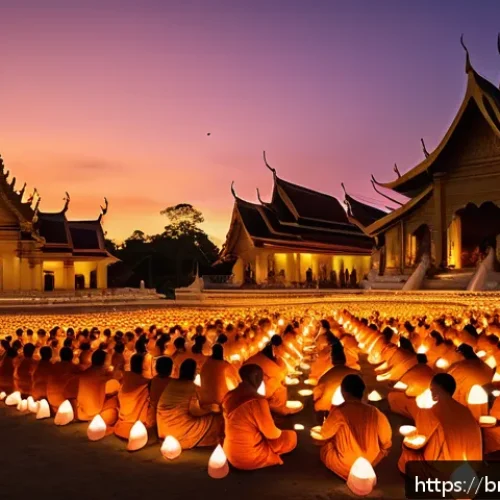 라오스 축제 일정 - A vibrant scene of Laos&rsquo; Budi Purnima festival at dusk, featuring traditional Buddhist monks in saff...