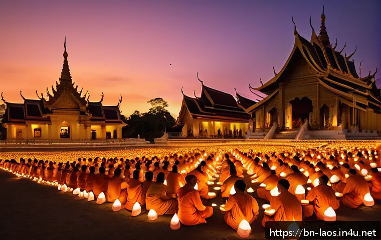 라오스 축제 일정 - A vibrant scene of Laos’ Budi Purnima festival at dusk, featuring traditional Buddhist monks in saff...