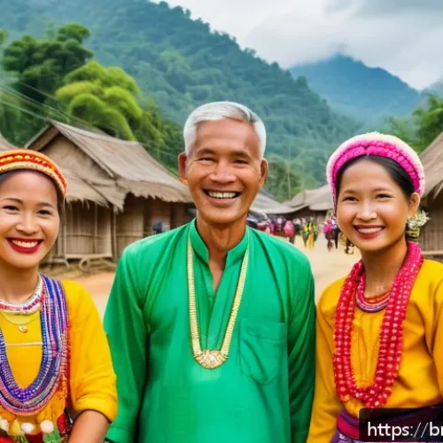 라오스 현지 가이드 고용 - A skilled local guide leading a diverse group of tourists through a remote Laotian village festival,...