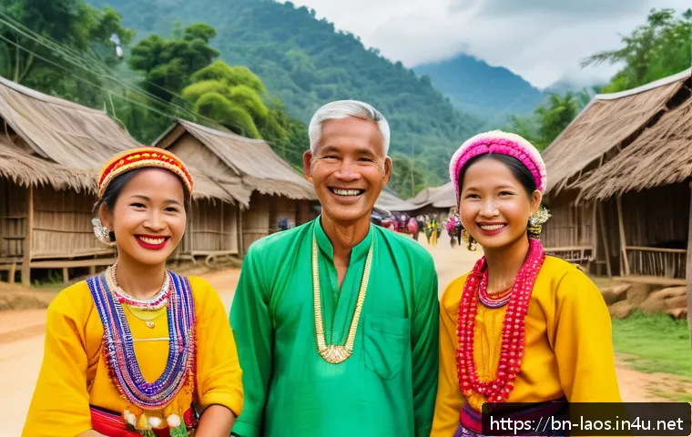 라오스 현지 가이드 고용 - A skilled local guide leading a diverse group of tourists through a remote Laotian village festival,...