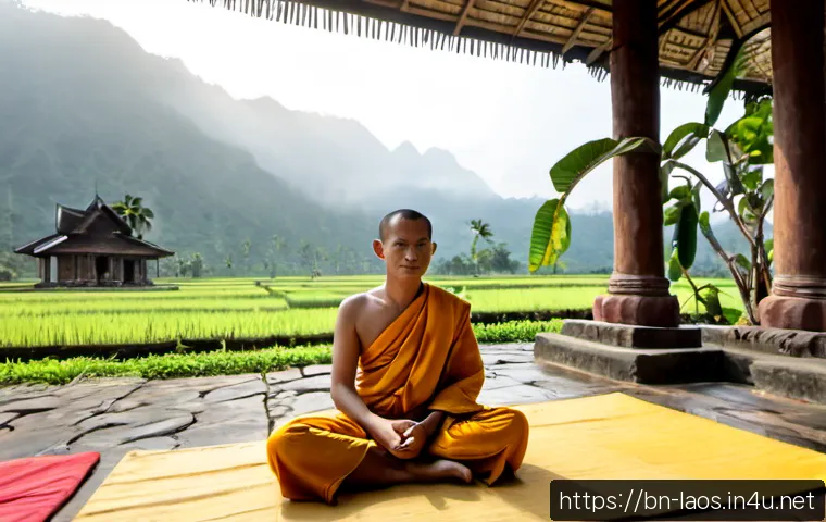 라오스에서 배우는 명상 - Photorealistic sunrise meditation lesson in rural Laos, a calm Bangladeshi adult traveler seated cro...