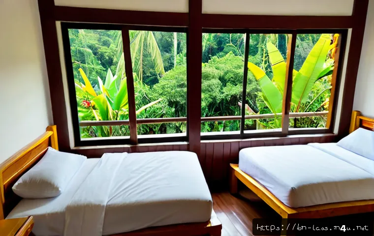 라오스 저렴한 숙박시설 - Photorealistic budget guesthouse room in Laos, clean simple twin beds with crisp white linens, woven...